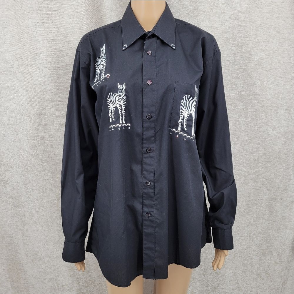 Mili Designs Black Button Down Top Zebras Safari Vintage Women's Shirt Poplin